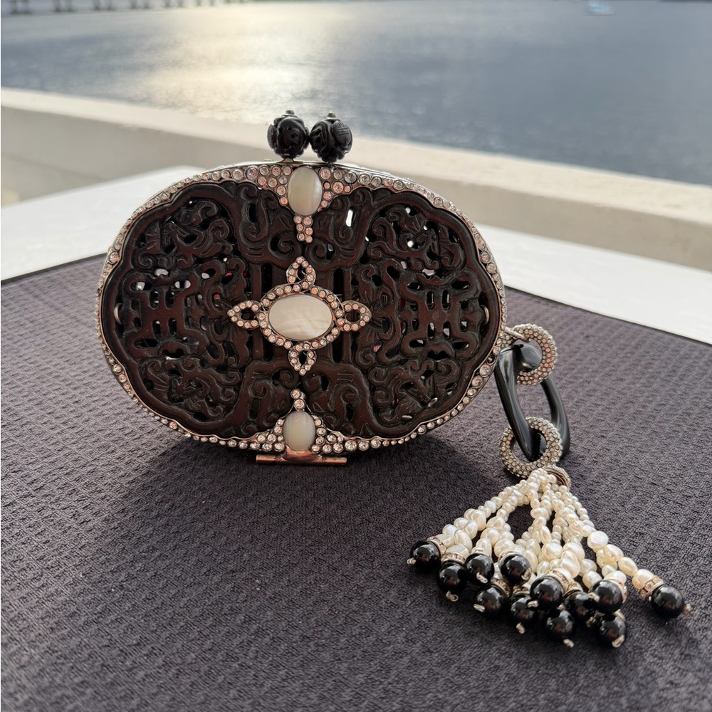 Ornate Black onyx and pearl Clutch with Beaded pearl Tassel